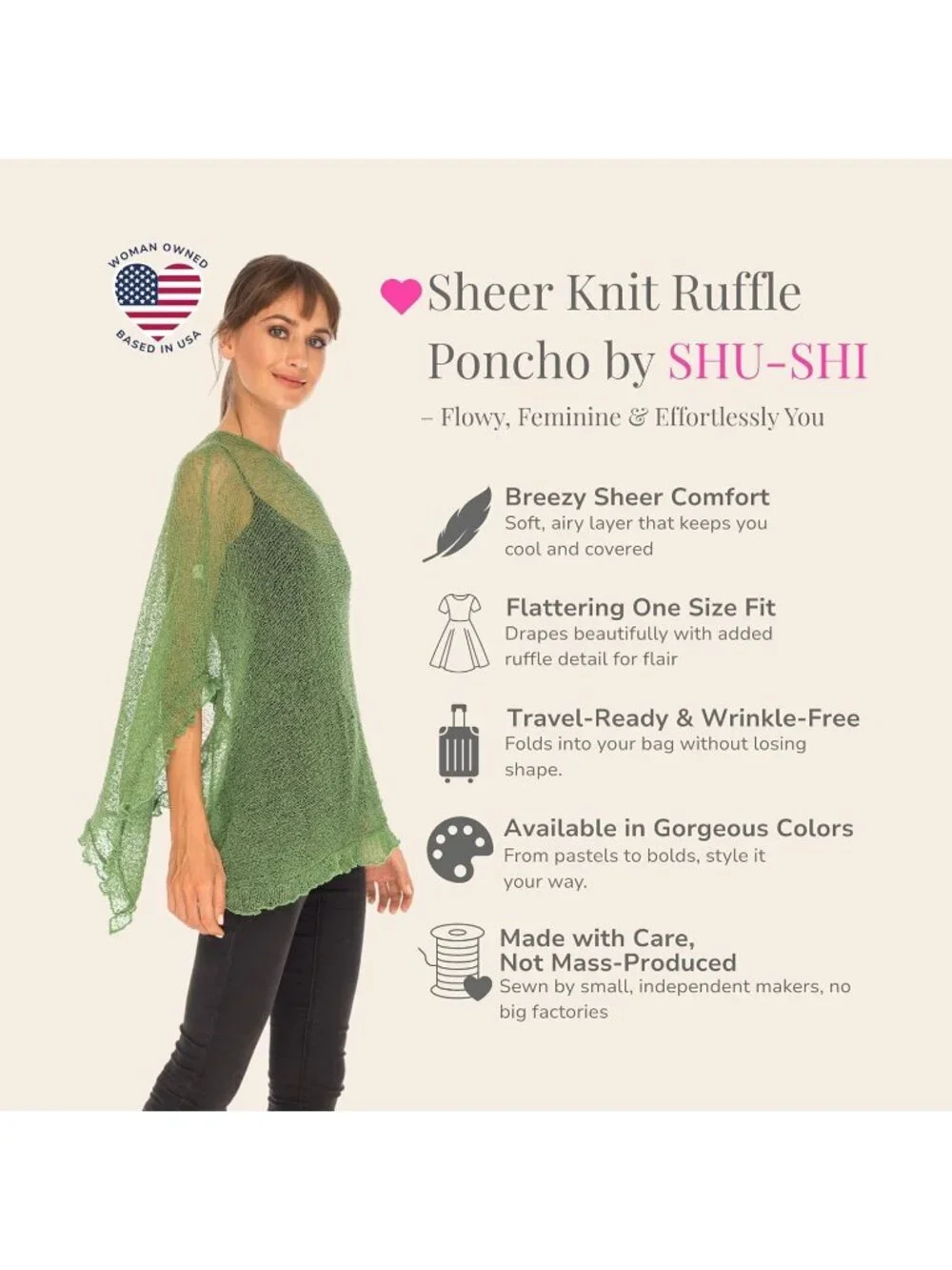 Women’s Green Sheer Knit Poncho Shrug Lightweight Asymmetrical Ruffle Wraps